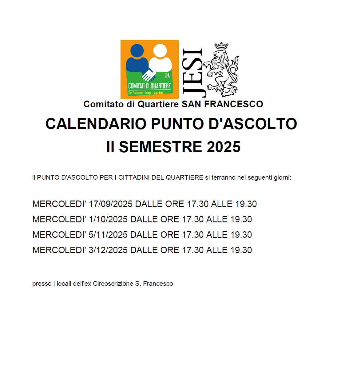 Calendario appuntamenti con il Comitato di Quartiere